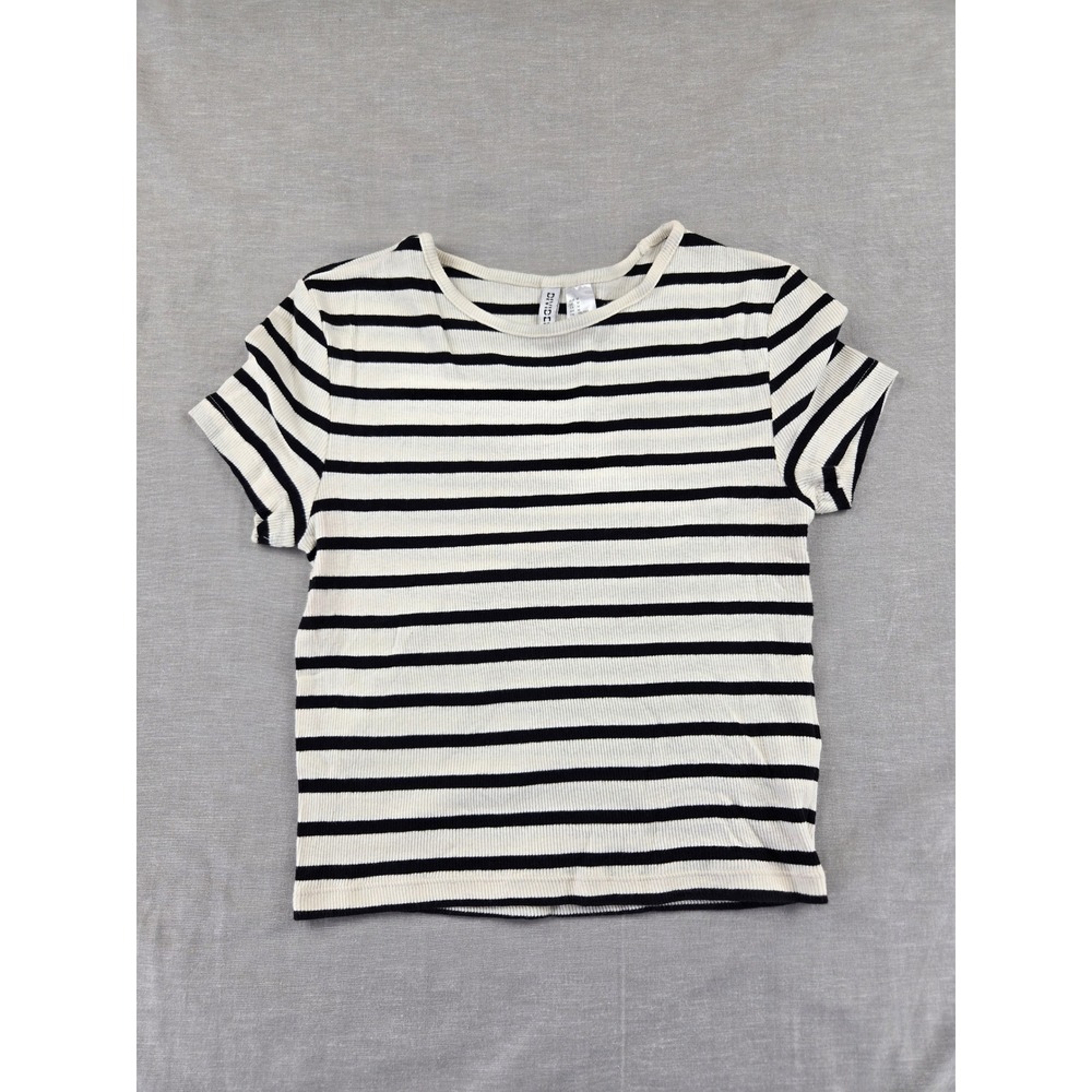 H&M Divided Womens Black White Striped Ribbed Short Sleeve Basic Tee Size M